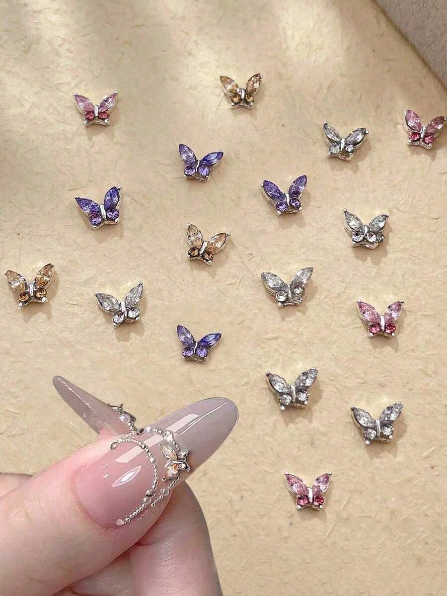 10 件迷你金属水钻蝴蝶美甲装饰 3D 粉色香槟白色指甲饰品，适用于水晶指甲和短指甲，指甲装饰和珠宝制作蝴蝶 DIY 美甲用品 - 彩色 - 查看 1