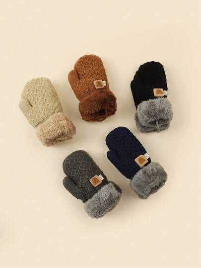 1双加厚防风连指手套儿童手套，纯色条纹