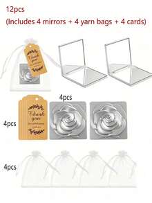 12 件优雅玫瑰化妆镜套装，包括 4 件双面折叠镜、便携式化妆镜、4 张感谢卡和 4 个欧根纱袋，伴娘礼品套装，适用于婚礼、生日、节日、圣诞节派对夏季礼物海滩返校学校用品房间装饰 - 彩色 - 查看 9