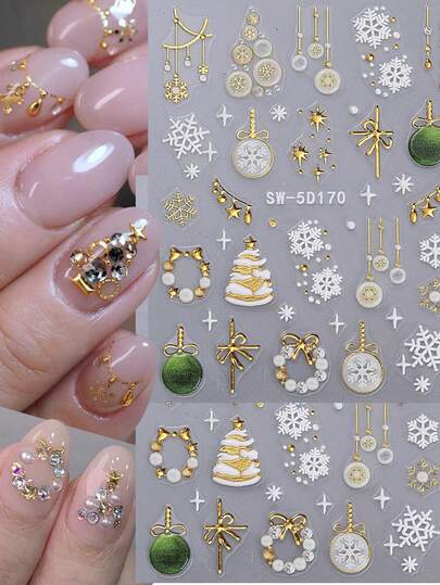 2 件 5D 浮雕节日指甲贴纸节日图案雪花树水晶球吊坠指甲艺术贴花自粘美甲贴纸 DIY 节日指甲装饰礼物适合女性女孩