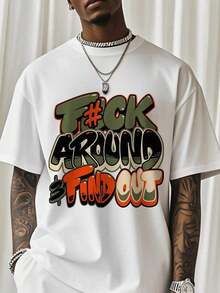 "F@K AROUND & FIND OUT" Graphic T-Shirt - 180g Heavy Cotton Crew Neck T-Shirt With Bold Orange And Green Graffiti Print, Breathable Short Sleeve Shirt For Summer, Casual Streetwear And Outdoor Activities, Everyday Wear Shirt Street Fashion Comfortable Fit, Everyday Wear, Match With Shorts, Outdoor Sports, Golf, Fishing Activities, Sports Shirt, Great Gift, Graphic T-Shirt, T-Shirt-White And Navy Off-The-Shoulder Cropped Top - trắng - Xem 1