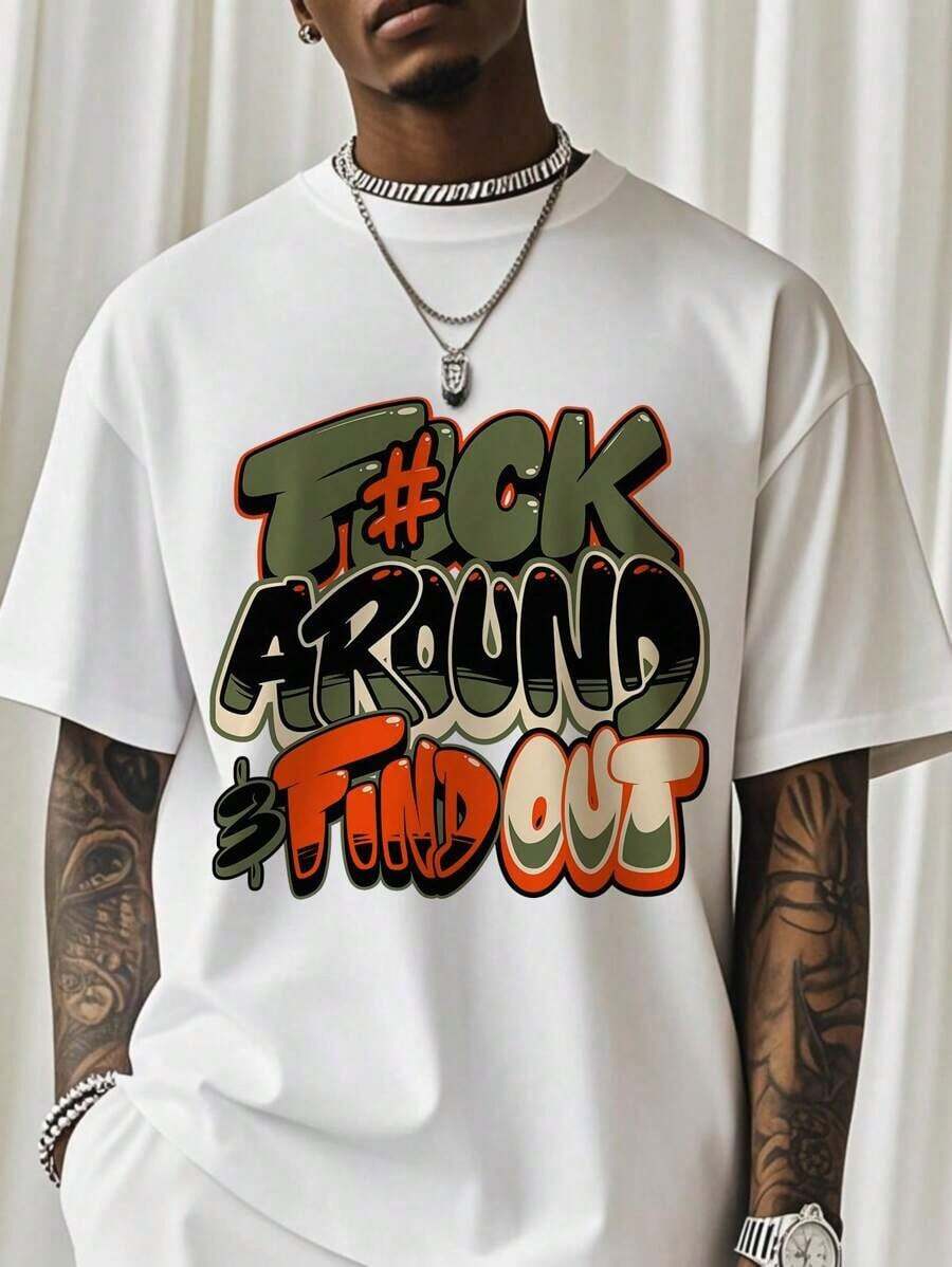 "F@K AROUND & FIND OUT" Graphic T-Shirt - 180g Heavy Cotton Crew Neck T-Shirt With Bold Orange And Green Graffiti Print, Breathable Short Sleeve Shirt For Summer, Casual Streetwear And Outdoor Activities, Everyday Wear Shirt Street Fashion Comfortable Fit, Everyday Wear, Match With Shorts, Outdoor Sports, Golf, Fishing Activities, Sports Shirt, Great Gift, Graphic T-Shirt, T-Shirt-White And Navy Off-The-Shoulder Cropped Top - trắng - Xem 1