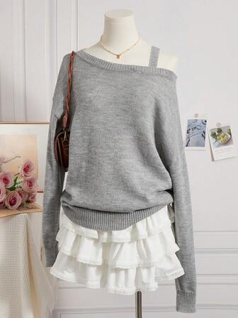 女士可爱休闲单肩简约针织毛衣上衣套头衫露肩灰色长袖日常穿着舒适休闲风格返校节仙女乡村音乐会秋冬服装女装