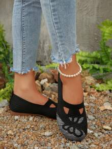 蝴蝶刺绣女士平底鞋，低帮软底舞蹈鞋，针织平底休闲鞋，轻便圆头宽楦舒适透气刺绣鞋，四季皆宜 - 黑色 - 查看 5