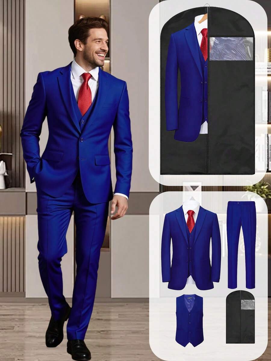 Men's 4pcs Suit Set, Includes Blazer Vest Pants Dust-Proof Bag, Regular Fit, Luxury Lapel, Adjustable Belt, Suitable For Weddings, Perfect For Parties, Formal Events And Busines - Màu xanh lam - Xem 1