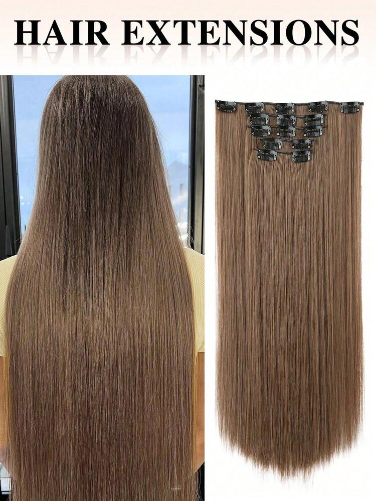 nimoki 5 piezas de extensiones de cabello con clip, cabello largo y liso, material de fibra sintética, para mujeres - Light Brown - Añade 1