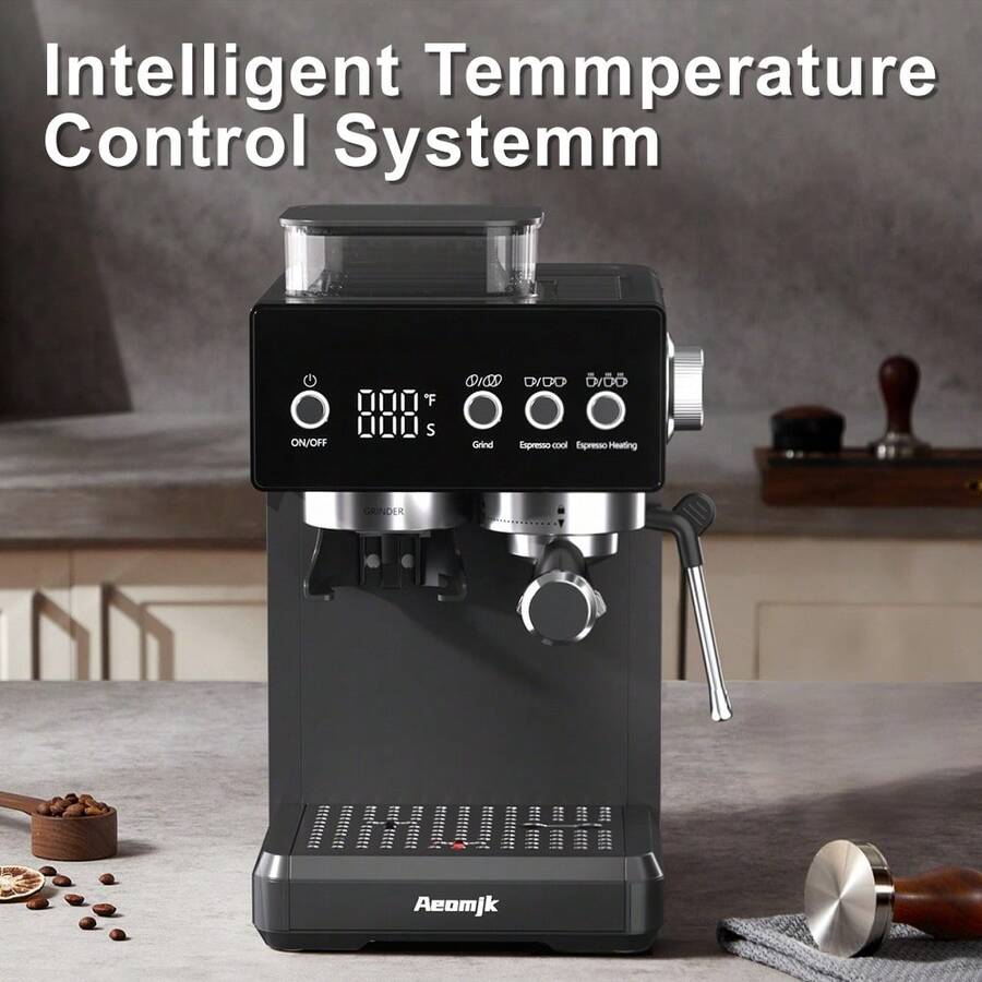 AEOMJK Grinding All-In-One Semi-Automatic Coffee Machine, Temperature Display, Time Display, Froth Milk With Steam Stick, Easy Operation Espresso Machine, Can Make Espresso, Latte, Cappuccino - Xem 1