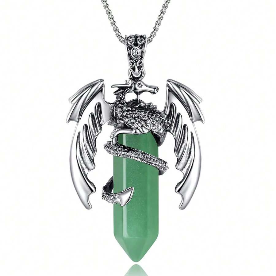 XIANNVXI Crystal Healing Stone Necklace For Men Women Amethyst Vintage Dragon Necklace Cool Simple Retro Natural Reiki Spirtural Witch Gemstone Pendant Jewelry-901744 - C-綠色東陵石 - 查看 1