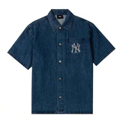 MLB 男女通用基础款超大Logo短袖牛仔衬衫，休闲舒适翻领上衣，3ADRB0743-50INS