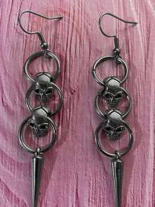 2pcs Gothic Personalized Silver Copper Skull Rivet Round Hoop Earrings, Suitable For Men And Women, Daily Wear, Party, Gathering - Silver - View 11