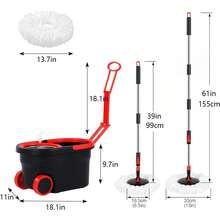 Spin Mop And Bucket Set With Wringer,Mop Bucket Set With Wheels,With 3 Microfiber Mop Replacement Heads And 61" Stainless Steel Adjustable Handle - Black - View 2