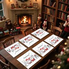 1set/4pcs/6pcs Christmas Cartoon Old Man And Penguin Pattern Placemats, Machine-Washable Rectangular Polyester Placemats, Table Protectors, Heat-Insulating Placemats, Restaurant Table Decorations, Party Supplies, Christmas Decorations, Can Be Given As Gifts