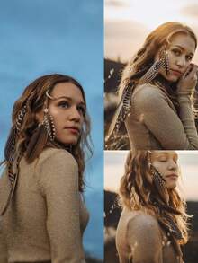 3pcs Feather Hair Clips Bohemian Feather Headdress Braided Beaded Headdress Holiday Hair Accessories - Ba màu - Xem 2