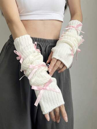 1 Pair Knitted Fingerless Gloves With 5 Criss-Cross Bow Decor, Cute & Sweet Style, Suitable For Sports, Birthday Party, Evening Date, Daily Wear