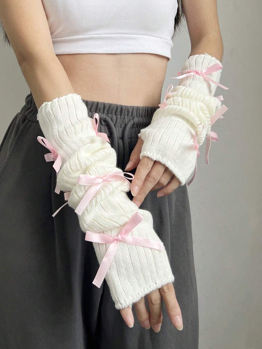 1 par de guantes sin dedos de punto con 5 decoraciones de moños cruzados, estilo lindo y dulce, adecuado para deportes, fiestas de cumpleaños, citas nocturnas, uso diario - 358# - Ver 1