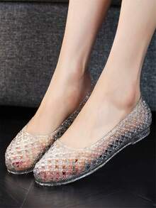 Women's Flat Sandals, New Hollow Out Crystal Jelly Shoes, Waterproof Plastic Shiny Beach Shoes