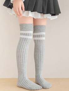 1双/4双装 儿童春夏条纹过膝袜，学院风中筒袜，百搭长筒袜，适合女孩 - 彩色 - 查看 16