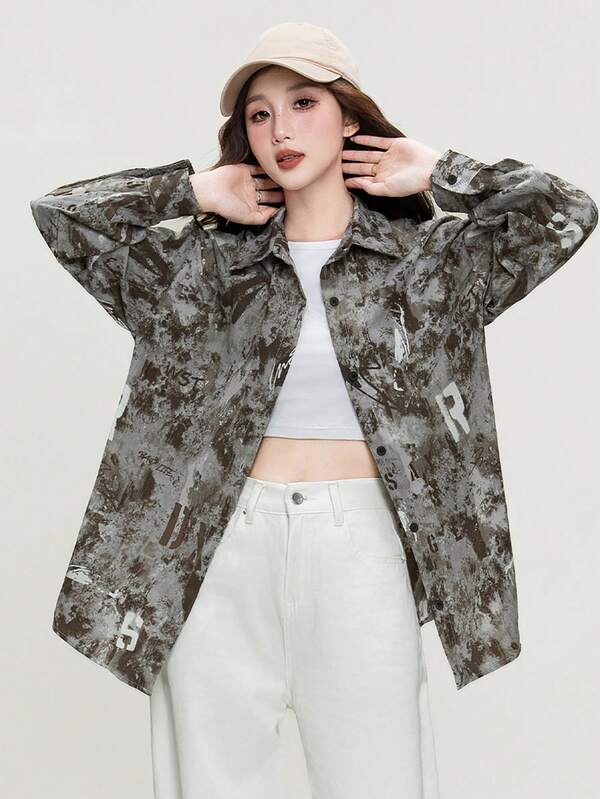 2025 Autumn American Vintage Street Slouchy Tie-Dye Loose Casual Shirt For Women