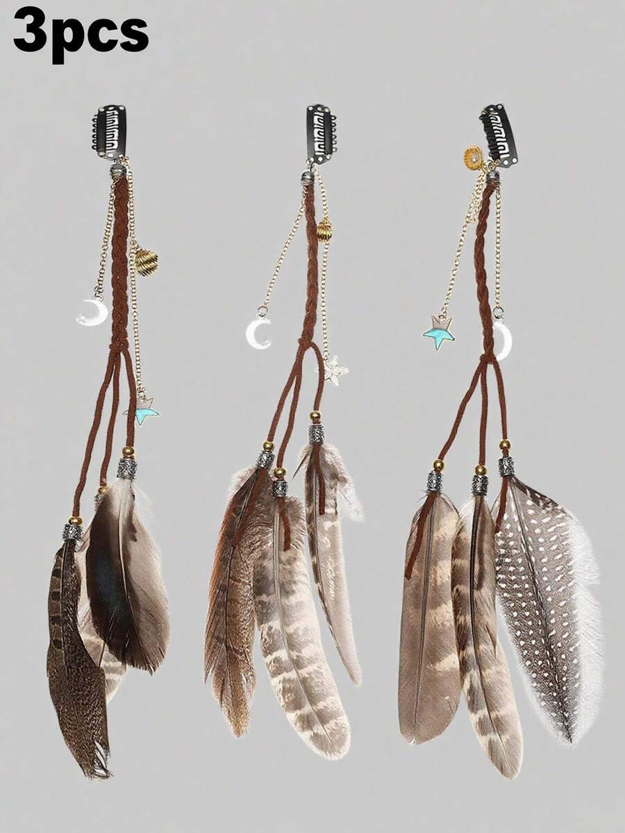 3pcs Feather Hair Clips Bohemian Feather Headdress Braided Beaded Headdress Holiday Hair Accessories - Ba màu - Xem 1