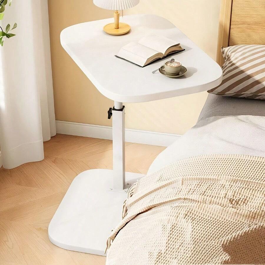 Elegant White Side Table, Adjustable Height, 360-Degree Rotation, Multi-Functional Portable Outdoor Coffee Table, Laptop Computer Food Tray, Room Decoration - trắng - Xem 1