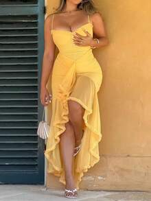 New Women's Style Elegant Spaghetti Strap Lace Long Dress, Sexy Spaghetti Strap Dress - 黃色 - 查看 4