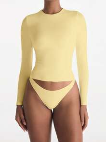 XLLAIS Autumn/Winter & Spring Elastic Fitted Base Layer Top, Casual Nightclub Bright Red Long Sleeve T-Shirt For Women - Light Yellow - View 4