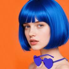 2pcs/Set Bright Color Short Bob Wig With Heart-Shaped Glasses, Cute Cosplay Party Accessories, Fashion Basic Wig For Daily Wear, Halloween