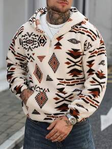 Men's Totem Print Hooded Fleece Half-Zip Sweatshirt, Long Sleeve Top - Khaki - View 6