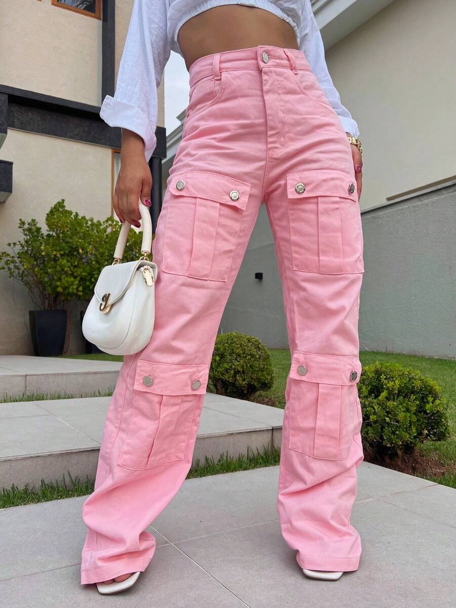 Jeans Cargo Pants Shipping Plus Pocket Colorful Wide Leg Pants Women's Street Fashion Premium Cotton Fabric - 粉色 - 查看 1