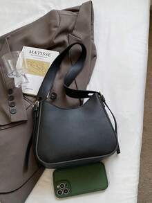 Fashionable Underarm Bag For Women, Minimalist Solid Color, Wide Strap, Bucket Bag, Versatile Zipper Shoulder Crossbody Bag - Black - View 10