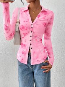 Women Button Down Floral Shirts  Fall Long Sleeve V Neck Ruched Fitted Mesh Blouse Tops Date Outfits Valentine's Day Vacation Fall Clothes For Women - Hồng - Xem 4