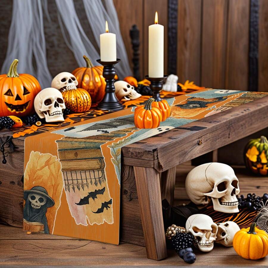 1/10 pièces Chemin de table décoratif en tissu avec motifs colorés de squelette d'Halloween, fantôme, chauve-souris. Convient pour la décoration intérieure et extérieure, les fêtes saisonnières, la décoration de table de cuisine et de salle à manger, les fêtes, la décoration de table de restaurant