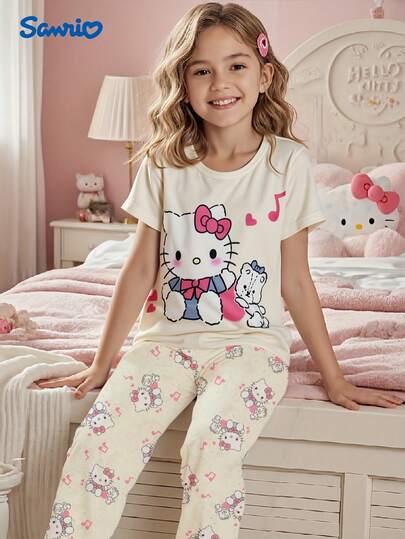 Sanrio Sanrio Hello Kitty Flame Retardant Girls Short Sleeve Pajama Set + Heart Bow Print Pants, 2pcs Loungewear Set
