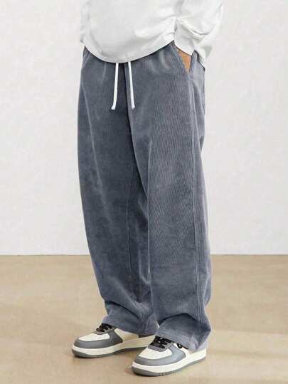 Plus Size Men's Corduroy Loose Straight Leg Pants, Solid Color Casual Street Style, Suitable For Spring And Autumn
