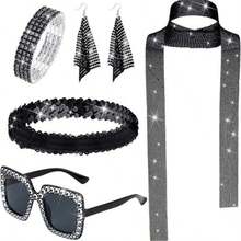 6pcs/Set 70s Disco Glitter Women's Shiny Scarf, Sunglasses, Bracelet, Headband Accessory Set, Costume Party Supplies, Fashion Stylish Basic Stage Outfit Halloween Costume