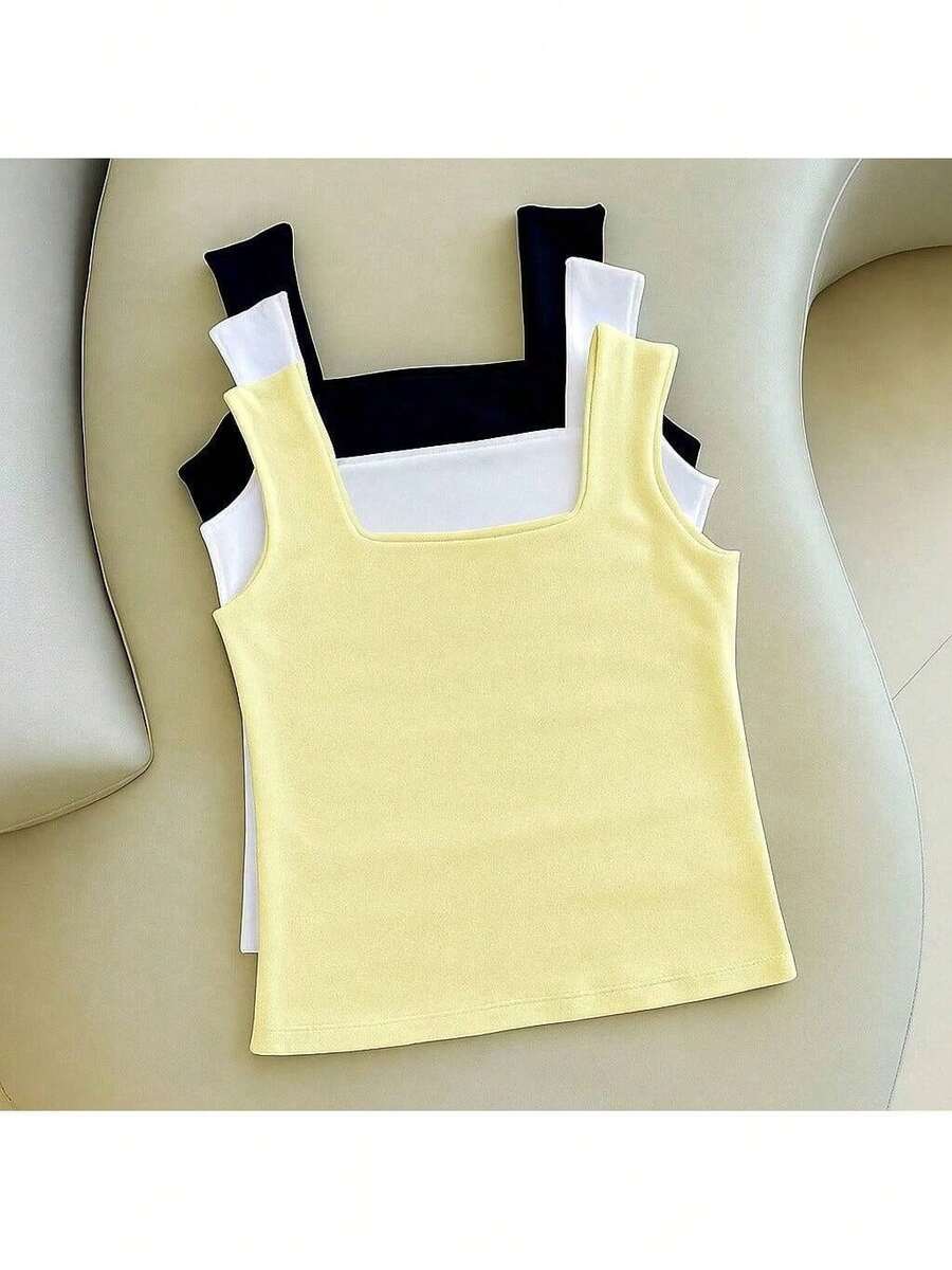 Kit Of 3 Women's Blouses, Tank Top, Square Neckline, Straight, Suplex, Summer, Basic, Plain, Elegant, , Bolgueira - Vàng/Trắng/Đen - Xem 1