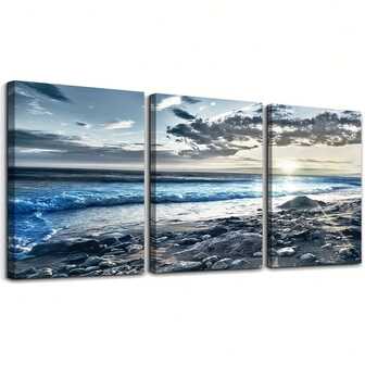 Canvas Wall Art For Living Room Farmhouse Wall Decor For Bedroom Office Wall Decoration Blue Beach Wall Painting Ocean Sea Wave Pictures Poster Print Artwork Room Home Walls Decor 3 Piece