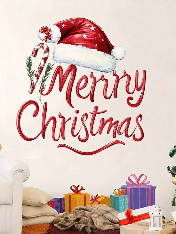 1 Stück Weihnachts-Wandaufkleber "Fröhliche Weihnachten" mit klassischem Weihnachtsmann-Hut, Zuckerstange und Schrift, abnehmbare Heimdekoration, beste Weihnachtswahl für Weihnachtsdekoration und Raumdekoration im Winter