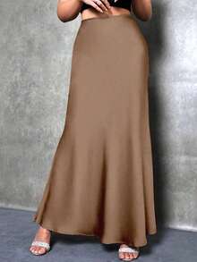 Solid Color High Waist Elegant Charmeuse Satin Skirt, Women Plus Size Midi Skirt, Suitable For Spring, Summer, Autumn