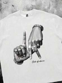 Los Angeles LA Hand Gesture Print Street Style Black Drop Shoulder-Shirt Men - 白色 - 查看 4