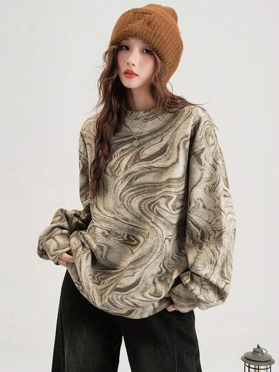 Sudadera oversize con estampado total, jersey de cuello redondo de estilo nórdico minimalista, otoño