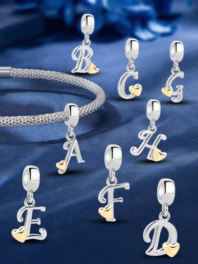 1pc S925 Sterling Silver Letter A-Z Beaded Pendant, Suitable For Women's Handmade Bracelet, Necklace, DIY Jewelry, Gift