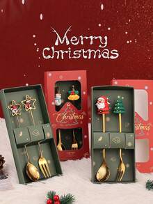 2pcs/Set Cute Christmas Spoon + Christmas Fork - Santa Claus Figurine Spoon + Fork Set - Cartoon Adorable Christmas Gift Set