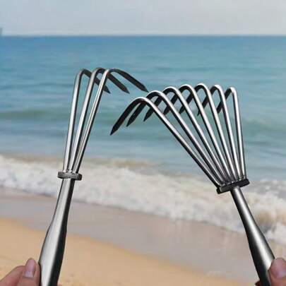 Stainless Steel Rake - Multi-Pronged Garden Rake - Soil Loosening Rake. Suitable For Garden Soil Loosening, Beach Tools, Seaside Essentials, Rake Shells, Dig Crabs, Beach Multi-Toothed Rake.