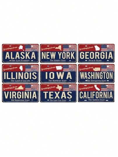 1pc Vintage American License Plate, Retro New York/California/Texas/Georgia/Alaska/Iowa License Plate, Metal Wall Tin Sign Decoration, Funny License Plate For Men/Women Car, Wall Art Decor For Home Garage Bar Cafe Shop Man Cave, Perfect Gift For License Plate Collectors, Wall Hanging Plaque, 6x12inch