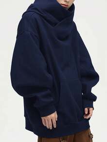 Men's Casual Fashionable Distinctive High Cost-Effective Lightweight Soft Polyester Hoodie, Versatile Pullover Sweatshirt Essential For Commuting - Navy Blue - View 5