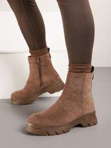 Soft Faux Suede Chunky Boots - Women's Casual Winter Boots - Khaki - View 4