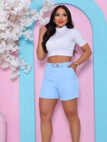 PREMIUM COMFORTABLE SHORTS WITH LINED BELT FASHION - Baby Blue - View 2