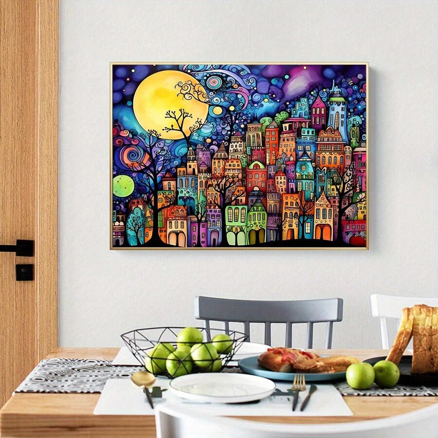 Œuvre d'art sur canevas de la ville sous la lune - Maisons vibrantes, parfait pour le salon, la chambre à coucher, la décoration de bureau - Sans cadre, facile à accrocher, imperméable et durable