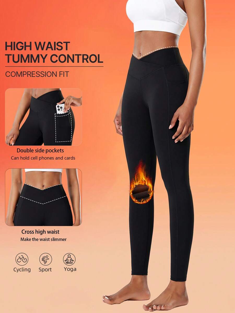 女士秋冬保暖内衬紧身裤，带侧袋，交叉腰部，高弹力压缩紧身裤，适合户外跑步、健身、普拉提、瑜伽、骑行，柔软舒适 - 黑色 - 查看 1